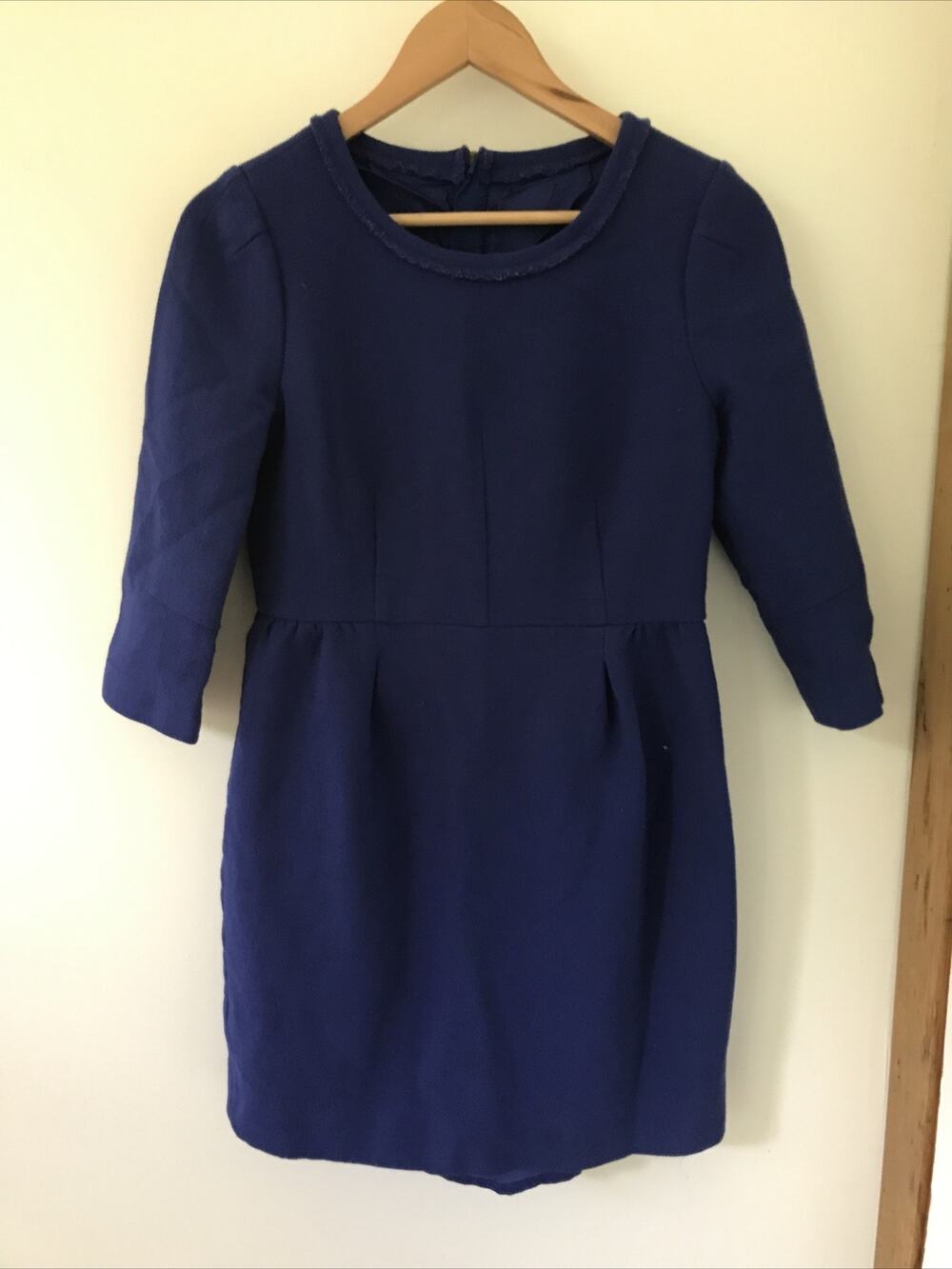 Vtg Style Handmade Designer Blue Wool 3/4 Sleeve Sheath Dress Small 34" Chest